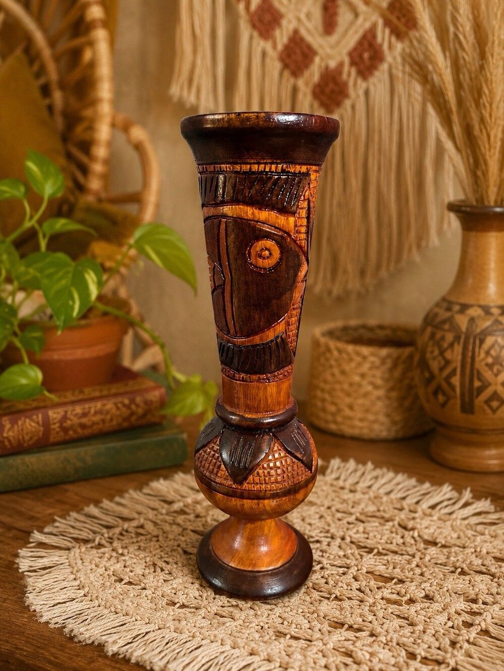 Vintage Hand Carved Wooden Fish Vase Tiki Tropical Decor 9 Inch Boho Folk Art